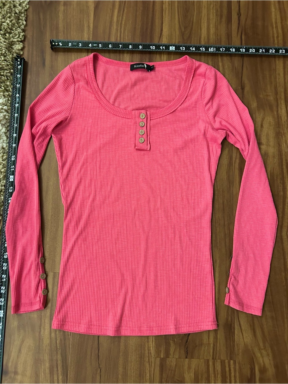 Pink Fitted Ribbed Long Sleeve Button details Henley knit - Picture 7 of 7